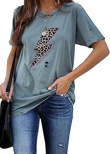 INFITTY Womens Basic Graphic Tees Casual Summer Short Sleeve Shirt Blouse Lightning Leopard Print Tops Tunic