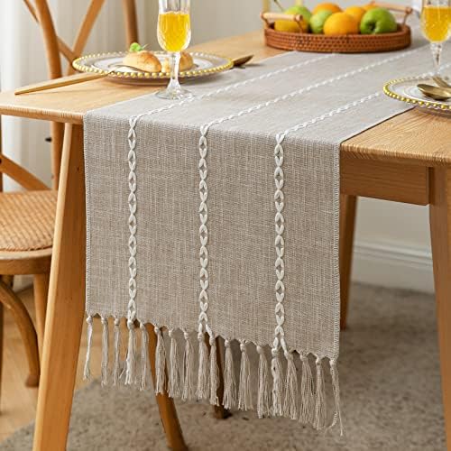 ZeeMart Farmhouse Table Runner, Rustic Table Runners 72 Inches Long, Linen Boho Table Runner, Braided Striped Coffee Table Runner for Dining Party Holiday, 15x72 Inches, Braided Pale Taupe