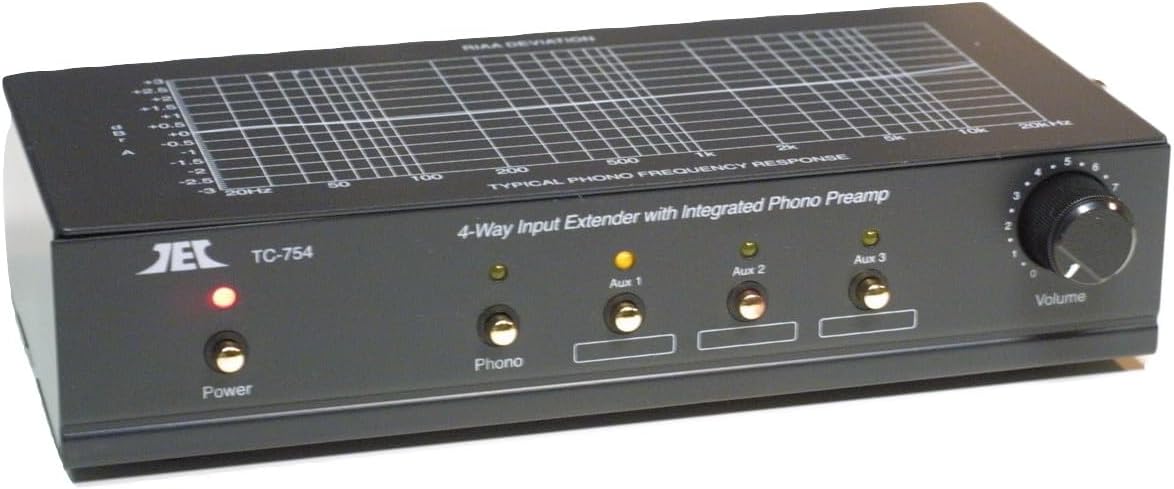 Technolink (TEC) TC-754 RIAA Phono Preamp (Pre-amp, Preamplifier) with Three Switchable Aux Inputs and Variable Output Level (Black, 500mA Standard AC Adaptor)