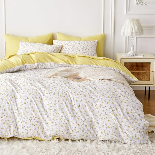 Image of Wake In Cloud - Floral Comforter Set, Coquette Cottagecore Aesthetic Cute Flower Pattern for Women Teen Girls, Soft Lightweight Dorm Bedding, 3 Pieces, Yellow White, Full Size