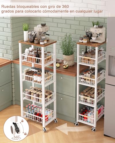 Ornestia Carrito Cocina con Ruedas, Carro de Almacenamiento de Placa Superior de Madera de 5 Niveles, Verdulero Cocina, Blanco - imagen 2