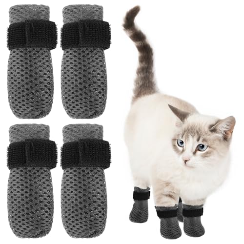 Image of 4Pcs Cat Shoes, 3.62x1.57 Inches Anti Scratch Cat Mittens, Breathable Mesh Nail Caps for Cats Claws, Adjustable Cats Claw Covers for Pet Bathing Feeding Cutting Nails(Gray)