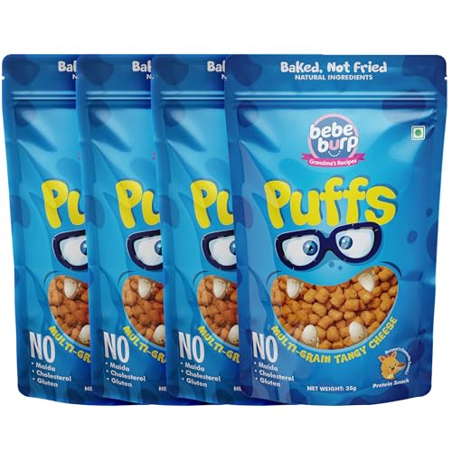 Image of BE'BE' BURP Healthy Puff Snacks | Multigrain Tangy Cheese |Baked Puffs, Not Fried, Protein Snacks | No Maida & Gluten-Free | Travel-Friendly | 35gms Each (Pack of 4)