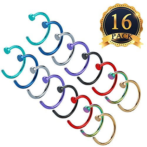 SUBANG 16 Pieces 316L Stainless Steel Nose Hoop Rings Different 8 Colors Nose Studs Rings, 20 Gauge