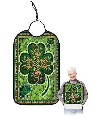 St. Patrick's Day Adult Bibs for Eating, Waterproof Bibs with Food Catcher & Adjustable Snap Closure, Green Lucky Clover Falling-off Washable Clothing Protectors Adult Bibs for Elderly Women/Men