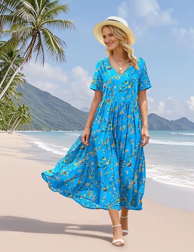 Image of YESNO Women's Summer Maxi Dresses Casual Floral Short Sleeve V Neck Boho Beach Vacation Swing Dress with Pockets EVF