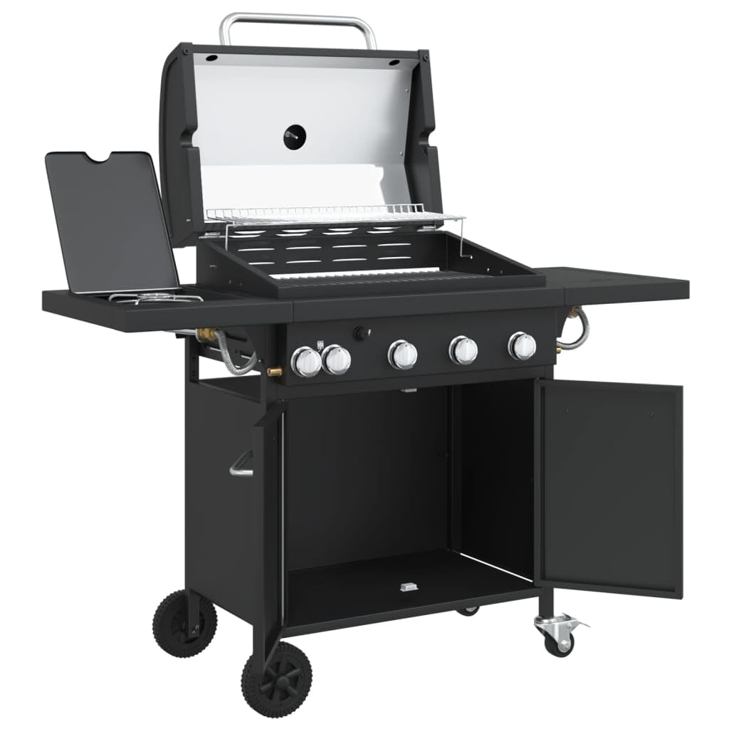 Barbecue a gas con 5 fiamme, 16 kW, per esterni, con termometro, ripiani laterali, ruote, acciaio verniciato a polvere, nero