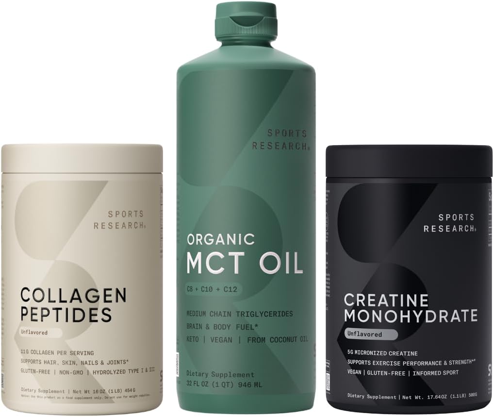 Sports Research® Supplements Pack - Organic MCT Oil C8, C10, C12 + Hydrolyzed Type 1 & 3 Collagen Powder Protein + Creatine Monohydrate