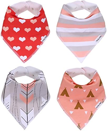 American Kiddo Baby Bandana Drool Bibs for Girls 100% Waterproof Organic Cotton with Snaps and Back Pocket (4-Pack) for Drooling and Teething Babies and Toddlers -"Sweetheart" Gift Set