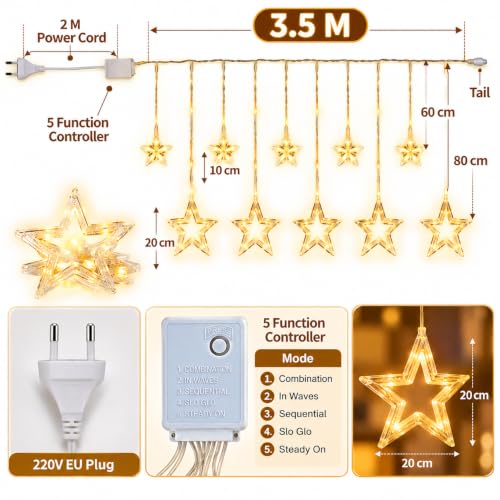 Image of Desidiya 10 Stars 150 LEDs Diwali Lights 3.5Mtr 12W Curtain String Lights Window Curtain Led Lights for Decoration with 8 Flashing for Christmas, Wedding, Party, Home, Patio Lawn (Warm White)
