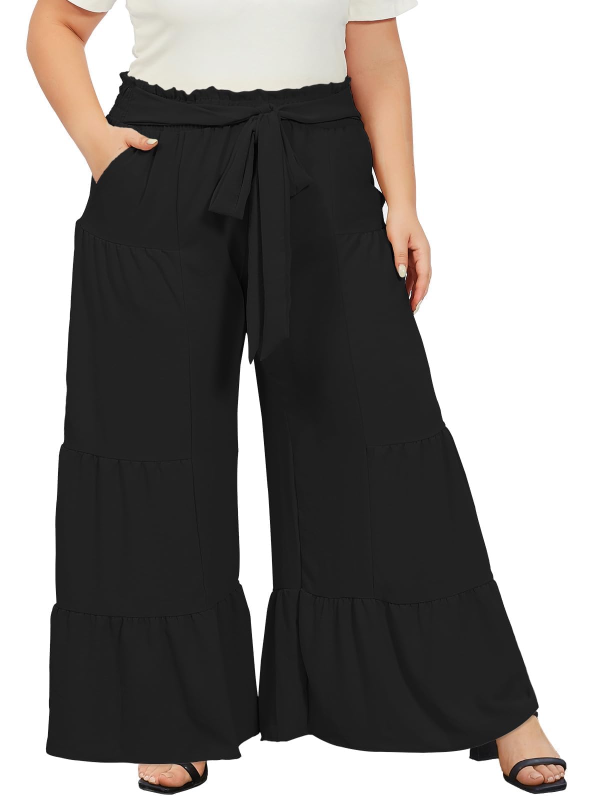 Moon Wood Plus Size Wide Leg Pants Woman High Waisted Palazzo Flowy Pants with Pockets Trendy Casual Summer