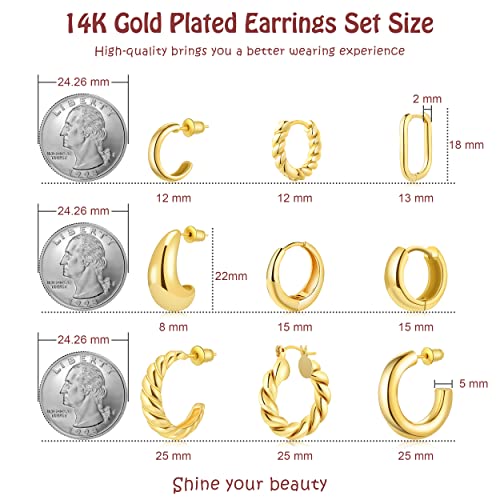 9 Pairs Gold/Sterling Silver/Rose Gold Plated Hoop Earrings Set for Women Trendy Chunky Gold Hoops 14K Real Gold Plated Small Huggie Earrings for Sensitive Ears Non Tarnish Gifts Jewelry2