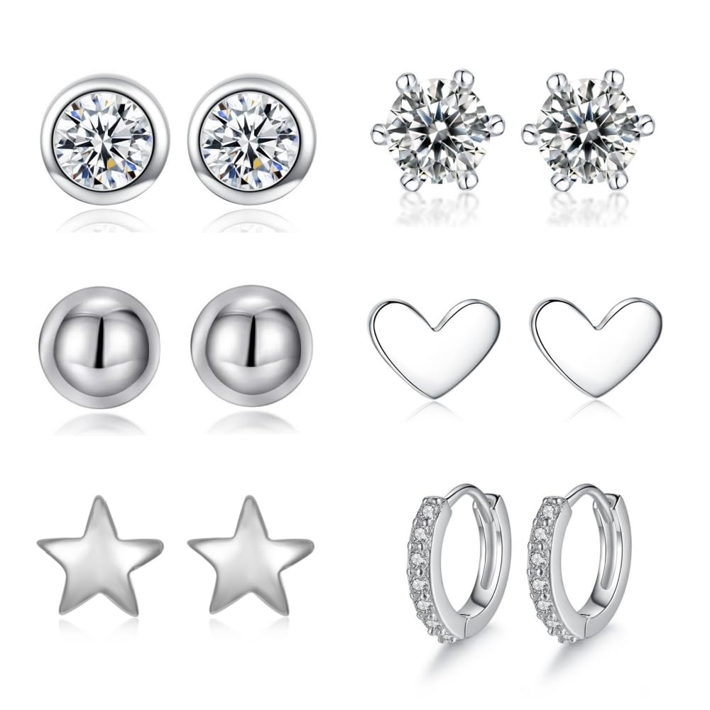 Aucuu 6 Pares Pendientes de Tuerca de Plata, Pendientes Piercing Oreja 925 para Mujer, Pendientes de Aro de Amor con Circonita Estrella, Regalo de Día de La Madre con Cajas