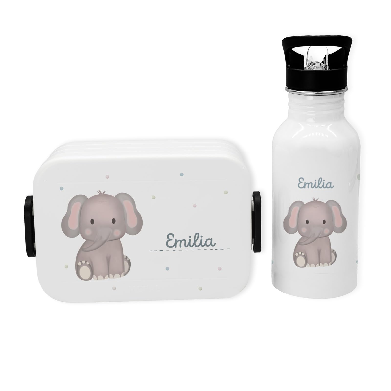 hellomini Personalisierte Mepal-Lunchbox & Edelstahl-Trinkflasche 500ml Set mit Wunschname & Tiermotiv – Brotzeitbox & Trinkflasche Kinder Schule Kita Geschenk (Elefant, Weiß)