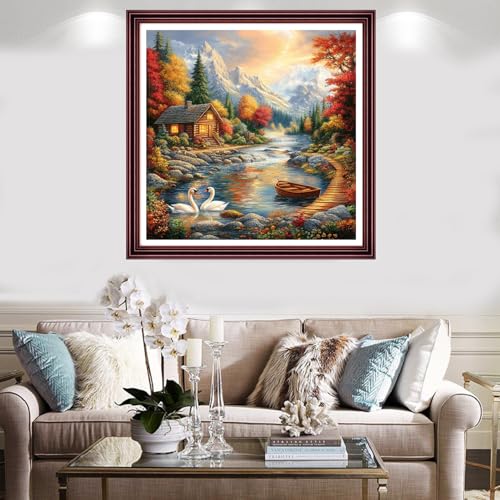 Image of Redxing Stamped Cross Stitch Kits Full Range of Embroidery Starter Kits- Needlepoint Counted Cross Stitch Kits for Beginner Adults 11CT Printed Embroidery Kit-Autumn Scenery Swan Lake 18x18 inch