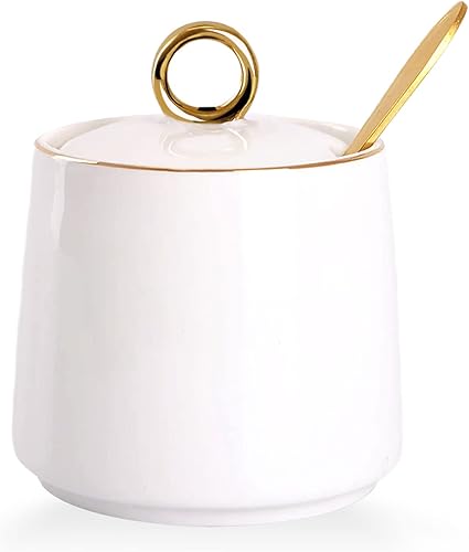 WHJY Azucarero de cerámica con tapa y cuchara, recipiente de sal de porcelana transparente blanca simple, recipiente de sal, caja de especias