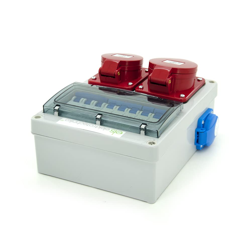 ELS Elektrotechnika Distribuidor de pared con 8 cajas de distribución con 2 enchufes Schuko de 230 V + 1 interruptor LS, 1 CEE 16 A + LS, 1 CEE 32 A + LS, cableado, listo para conectar para garaje,
