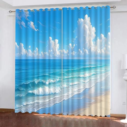Clear Ocean Waves Blackout Curtains, Sunny Beach Scenery 2 Panel
