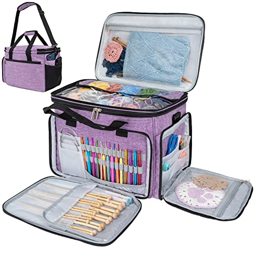 PAVILIA Knitting Bag Yarn Storage Tote - Crochet Organizer Bag, Yarn Storage Holder with Dividers for Knitting Accessories, Yarn Skiens, Needles, Hooks, Unfinished Project (Heather Gray)