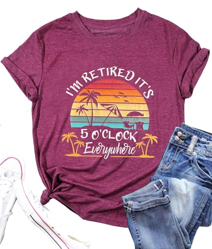 Retirement Shirts for Women Im Retired Its 5 OClock Everywhere Tshirts Funny Retirement Gift Purple L