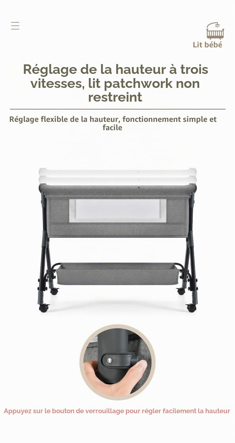 Cododo Bebe avec Table à Langer, Lit Cododo Pliable, Multifonctionnel Lit Bebe, 3 Niveaux de Réglage de La Hauteur (X3 Grey)