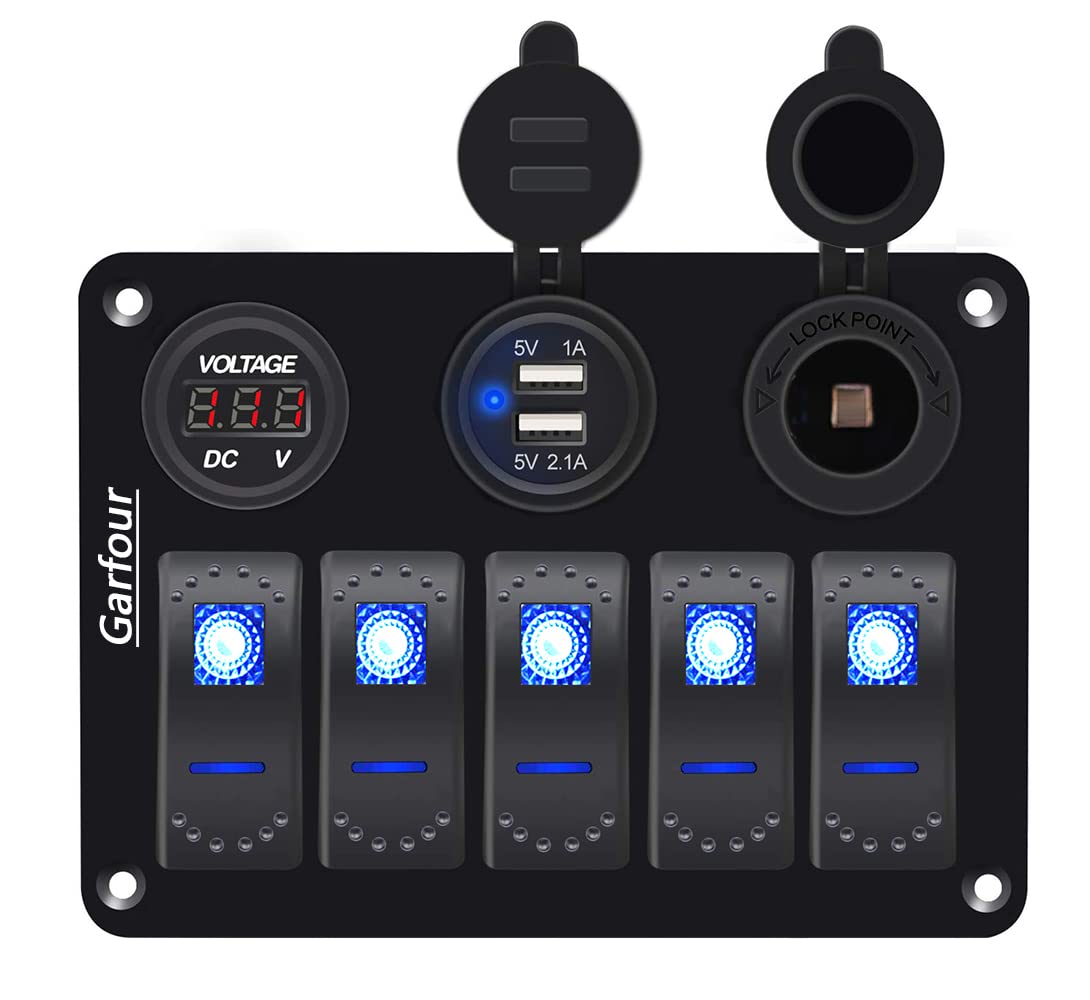 Garfour 5 Gang Marine Switch Panel - Waterproof Boat Switch Panel with 3.1A Dual USB, LED Voltmeter & Cigarette Lighter Socket for Boats, Trucks, RVs,