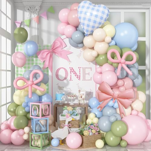 Image of Goose Balloon Arch Kit Pastel Pink Blue Sage Green Balloons Garland Bow Gingham Heart Foil Balloon One Silly Goose Birthday Party Decorations Girl Dusty Pink Blue Yellow Duck Baby Shower Gender Reveal
