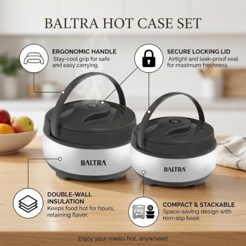 Image of BALTRA Inner Stainless Steel Casserole Set | Keeps Food hot & Fresh Chapati, Roti, Biryani and More | Serving Bowl with Lid | Hot Box for Kitchen | House Warming Gifts Set (Verna (1000ML, 1500ML))