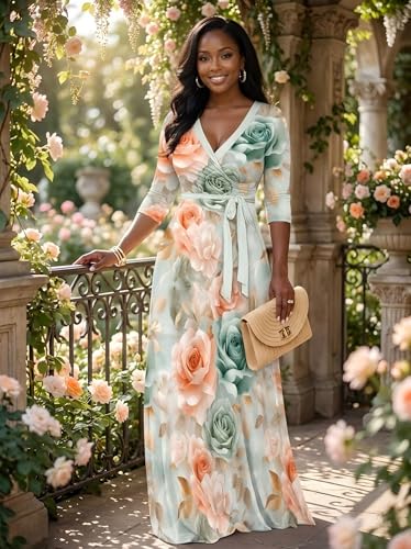 Image of PinkPatty Plus Size Maxi Dress for Women 3 /4 Sleeve Casual Long Dress | Soft stretchy fabric, functional pockets, flattering wrap v neck for vacation, casual wear and everyday styling