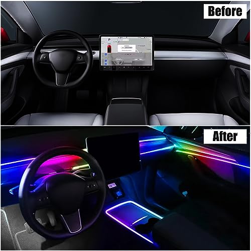 for Tesla Model 3/Y Interior Car Lights, Dreamcolor RGB Car Ambient Lighting Kit with APP and Remote Control, USB Car LED Strip Neon Dashboard Lights for Tesla Interior Accessories, Sync to Music