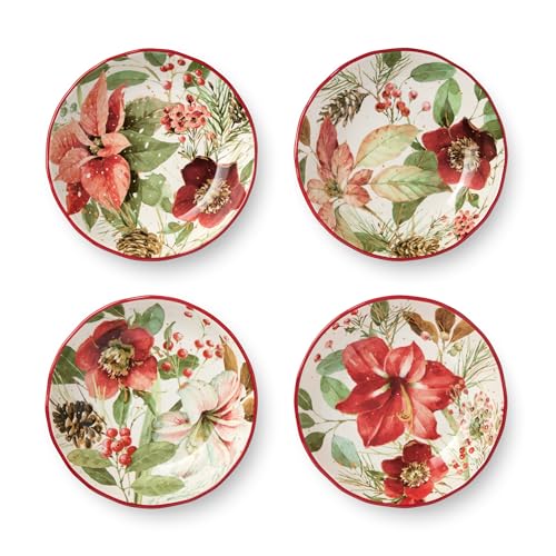 Winter Blooms Set of 4 Holiday Soup Bowls – 28 oz Bowls with Festive Poinsettia & Evergreen Designs – Microwave & Dishwasher Safe Bowls for Winter Stews, Pasta & Salads
