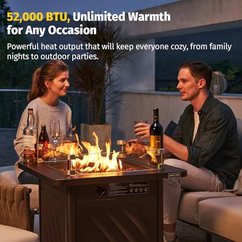 Image of East Oak 28 inch Outdoor Propane Fire Pit Table | 52,000 BTU Gas Fire Pit for 2-4 People with Space-Saving Hock Lid, Mesh Pocket & Lava Rocks | CSA Certified Safe for Patio, Deck, Backyard, Brown