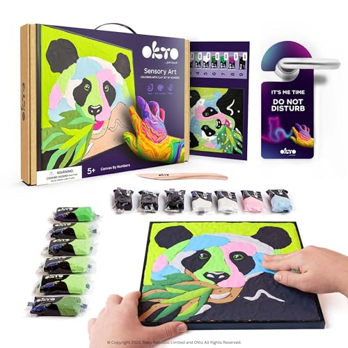 Okto Paint by Numbers for Children - Kid's Kit with Air Dry Clay, Unique 2D Wall Art, Sensory Canvas, Panda Themed, Framed Animal Kit for Age 5+