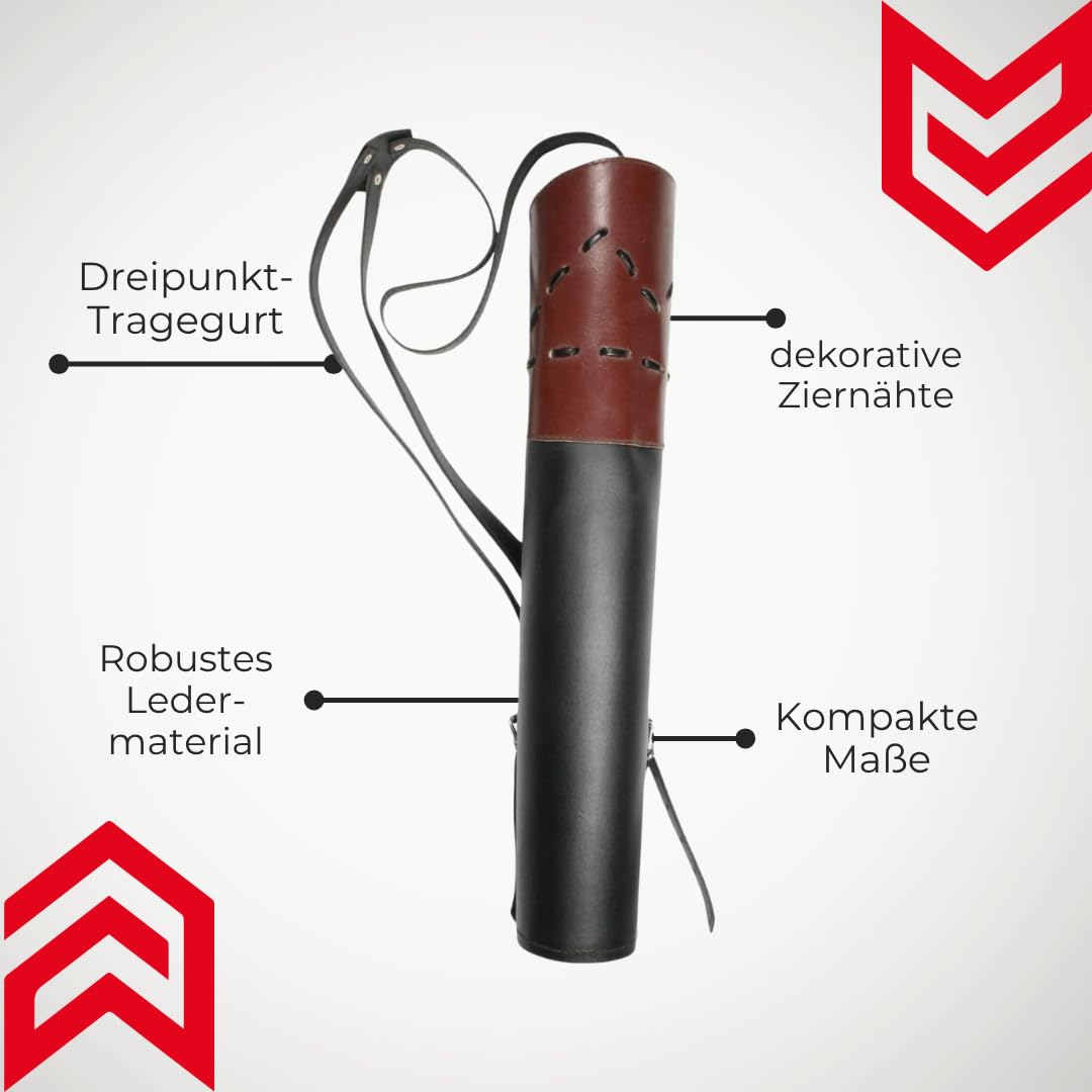 elToro Rückenköcher aus schwarzem Echtleder mit Musterstickung | verstellbarem Dreipunkt-Tragegurt, 50 cm lang, Öffnung 14 cm, Köcher für Pfeile, Bogenschießen, Recurve- und Langbogen