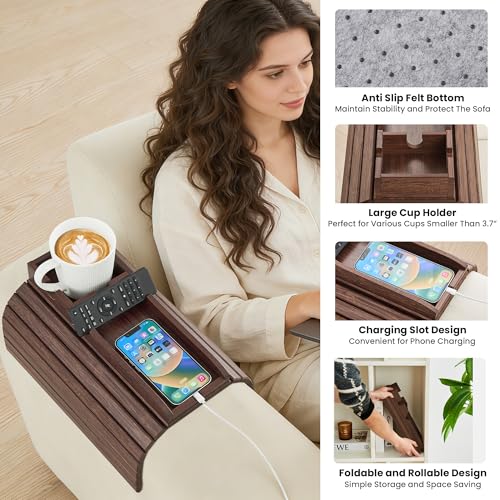 GEHE Couch Cup Holder, Anti Falling Sofa Arm Tray, Natural Bamboo Sofa Cup Holder More Safe for Your Family, Portable Couch Arm Tray Armrest Table for Remote, Snacks, Drinks by GEHE - Used condition - Image 4