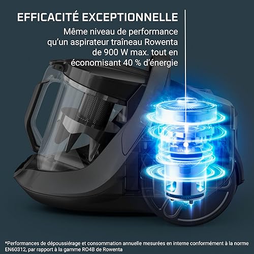 Rowenta Aspirateur sans sac, Moteur ultra basse consommation, Eco-conçu, Système de filtration haute efficacité, Ultra silencieux, Fabriqué en France, Green Force Cyclonic Effitech+ RO7C66EA