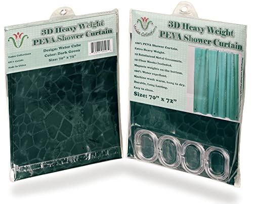 Venice Collections Shower Curtain Liner 3D Semi Transparent Heavy 8G Thick Peva Waterproof Plastic Metal Grommets And Weighted Magnets 70 X 72 Inches With Hooks Water Cube Dark Green #TOP6