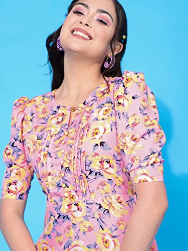 Image of OOMPH! Below Knee Shift Pink Dress in Crepe Fabric with Round Neck and Puff Sleeves - md619l