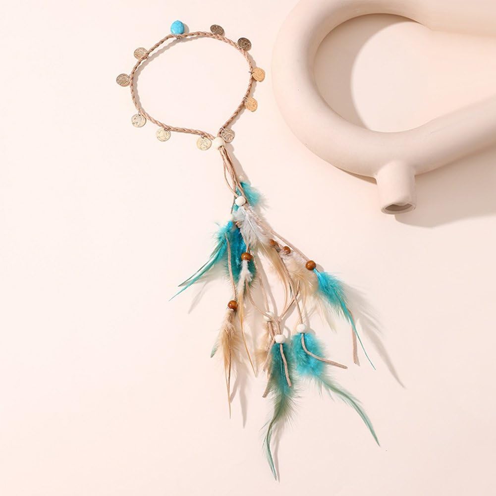 JKQBUX Boho Feather Headband Hippie Headpiece Black Gypsy Costume Headdress Indian Feather Headwear Hair Accessory for Women - Image 4