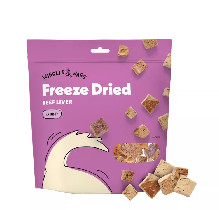 Wiggles & Wags Freeze Dried Beef Liver Crunchy Dog Treats 1-5 OZ Bag. Plus Bone Shaped Dispenser Colors Vary & Waste Roll