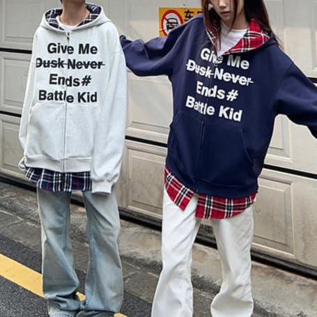 Unisex Full Zip Cardigan Hoodie Vintage Letter Graphic Oversized Fake Two Pieces Hoodie for Couple Streetwear2