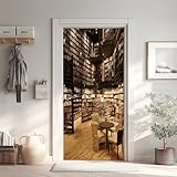 Bibliothek Türaufkleber, Holztreppe Türfolie Selbstklebende Fototapete, Bücher Türposter Abnehmbar Türfolie PVC Für Tür Schlafzimmer Badezimmer Türaufkleber 77x200 cm
