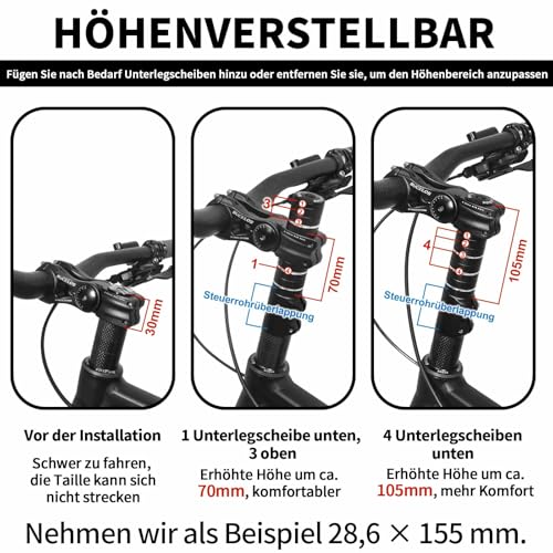 AEYINO Fahrradvorbau-Erweiterung MTB, 1-1/8\ 28,6 mm Fahrradgabelvorbau, Hand-Up-Adapter Fahrradgabel Aluminiumadapter für Rennräder, MTB, BMX 70/80/100/115/120/135/155/165/180/200/210 mm