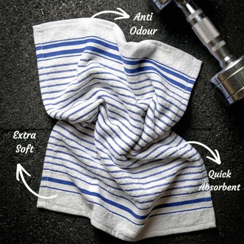 Image of Athom Living Premium Hand Towels- Cotton, 400 GSM, Ultra Soft, Quick Dry, Highly Absorbent | for Hand, Kitchen and Gym | 60 * 40 cm, Pack of 4 (White with Blue Stripes)