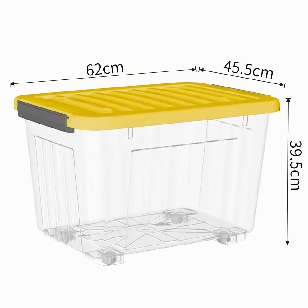 Cetomo 80L*4 Cajas de Almacenamiento con Tapas, Contenedores de Plástico con Ruedas, Clip On, Apilables, Encajables, Organizador Rayado para Oficina en Casa, Amarillo & Claro, 80L-4 Pack