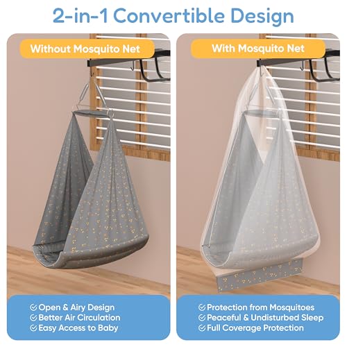 Image of Cherilo Baby Swing Cradle(Jhula) with Mosquito Net, Spring Hanger & Metal Window Cradle Stand - Grey Leaf - Full Set