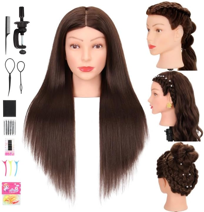 Mannequin Head Human Hair 80% Real Hair Cosmetology Mannequin Head for Braiding Styling Cutting 26-28” Doll Head with Clamp Tools (Brown)