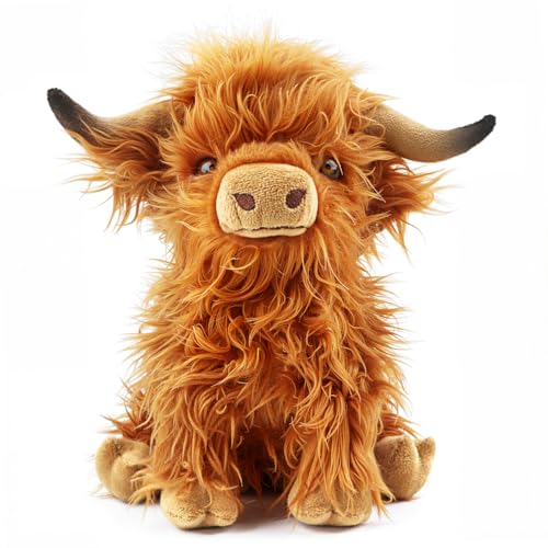 FSUGT Highland Cow Stuffed Animal Toy, Adorable Highland Cow Plush, Scottish Cow Plush Toy, Farm Animal Cattle Plush Decor Gifts for Kids Baby Girls Boys (Brown Cow)