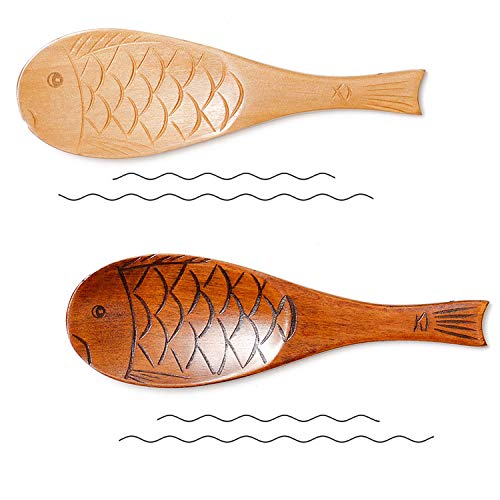 OUTLANDWAY 2 Pack Wood Rice Paddle Rice Serving Spoon Kitchen Wooden Rice SpatulaEasy-to-clean Rice Scoop Fish Shaped Wooden Spoon