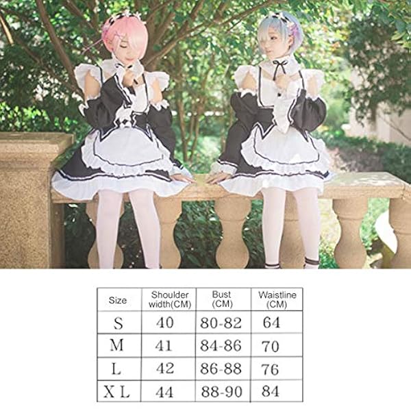 Mysta Anime Cosplay kostym, liv i en annan värld från början, Lem Ram Cosplay maid outfit, med strumpor femdelat set – S